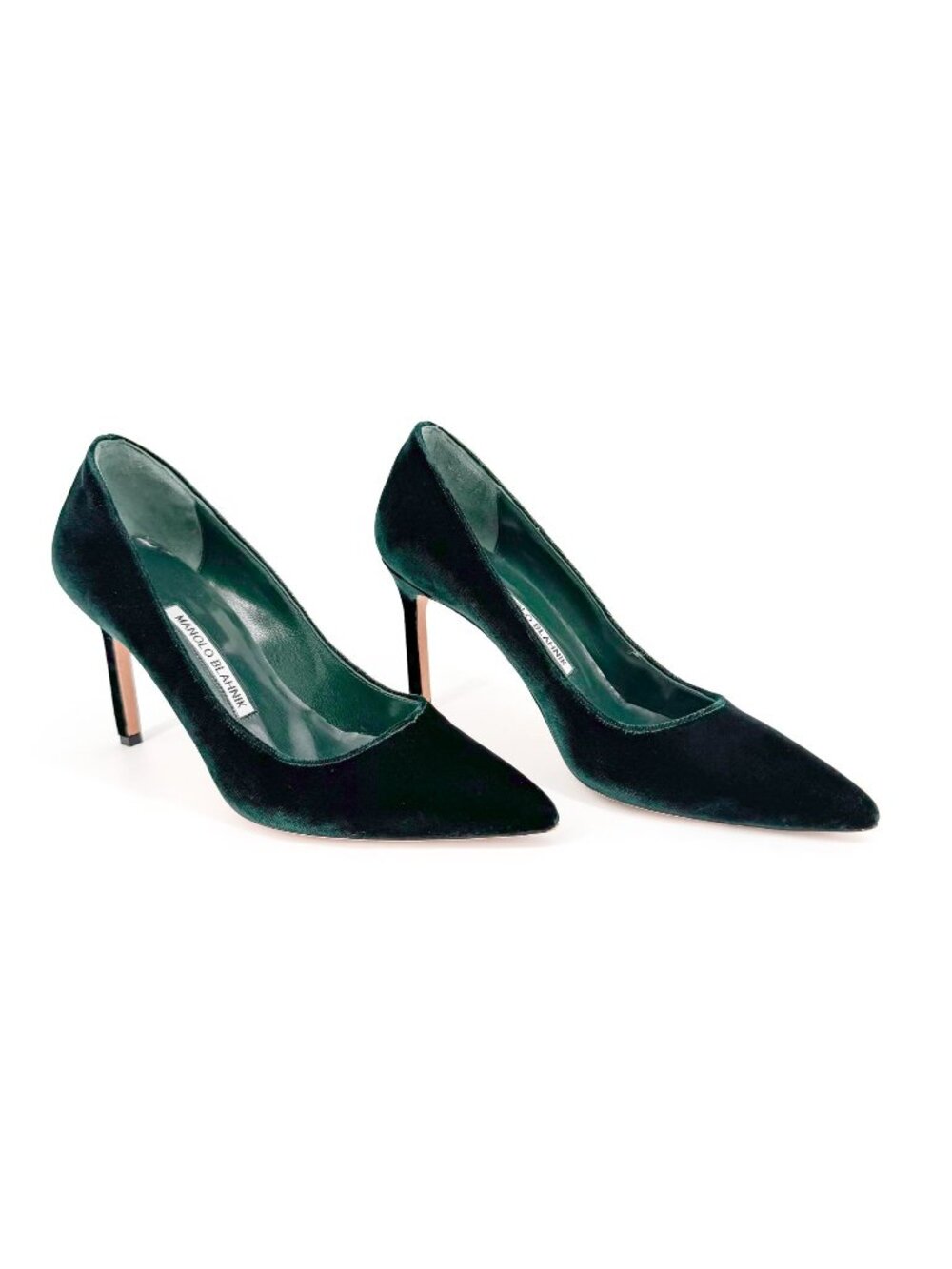 Manolo Blahnik BB Pumps Heels Emerald Green Velvet Pointed Size 38 US 8 Women's